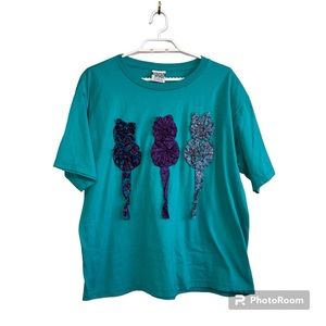 Vintage Cat Appliqué Quilt Tee XL Teal | Simply Basic USA | 90s Graphic T-Shirt